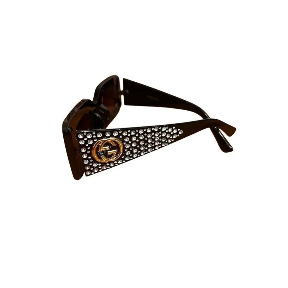 GUCCI black rectangle Diamond Cut Embellished Interlocking Gold G Sunglasses Vtg